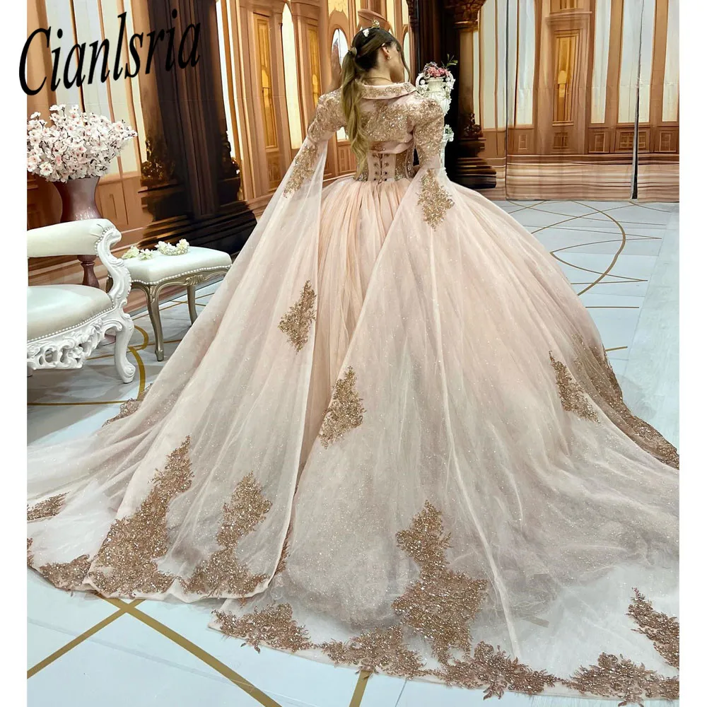 Luxury Blush Pink Quinceanera Dresses With Wrap Sparkly Beaded Sequins Corset Puffy Skirt Princess Debutante Dress for 15 years
