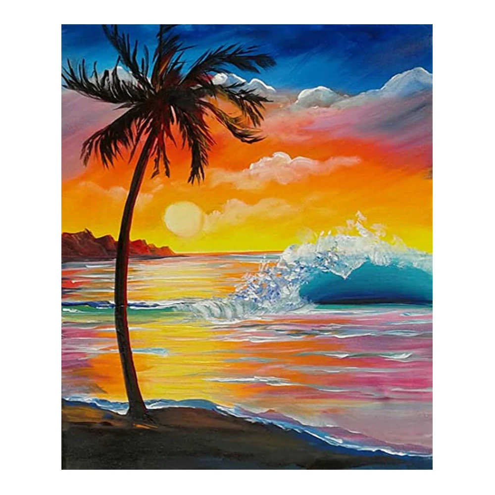 YI BRIGH Dynamic Diamond Painting Coconut Tree Sunset Full Square Diamond Round Diamond DIY Room Decorative Handmade