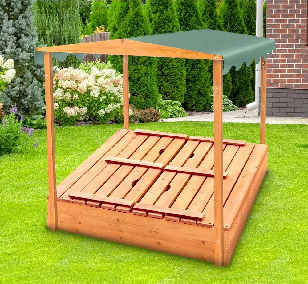 Cedar Sandbox for Kids with Canopy & Benches - Outdoor Convertible Wooden Sandbox with Lid, UV Shade & Built-In Seating - Backya