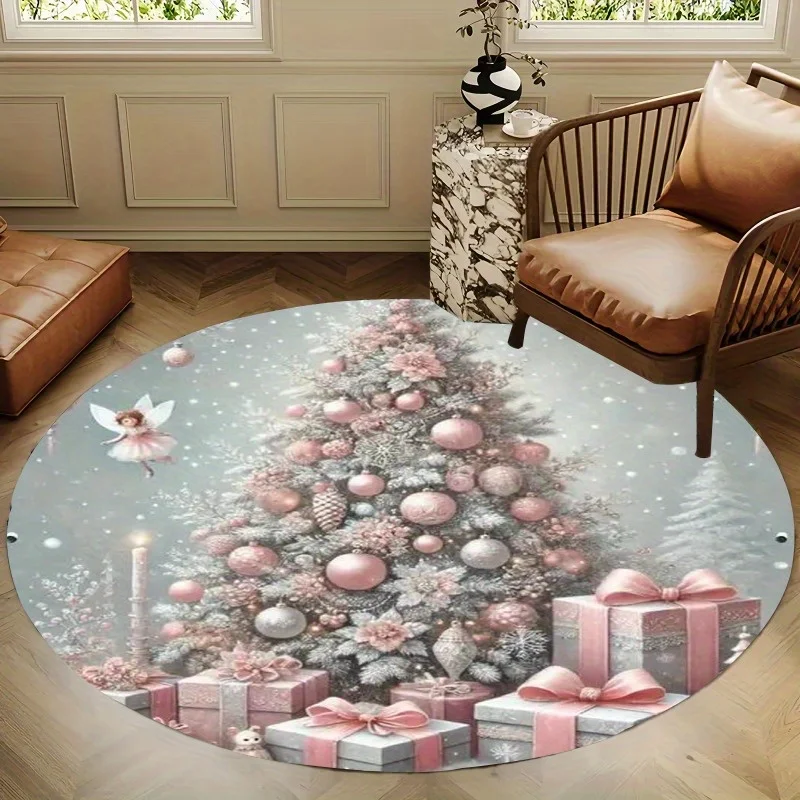 1pc of a Festive Pink Tree-Themed Round Area Rug, Suitable for Indoor And Outdoor Use, Comfortable Carpets for The Kitchen, Home, Office, Laundry Room, And Bathroom. Ideal for Holiday Home Decoration And Room Decor