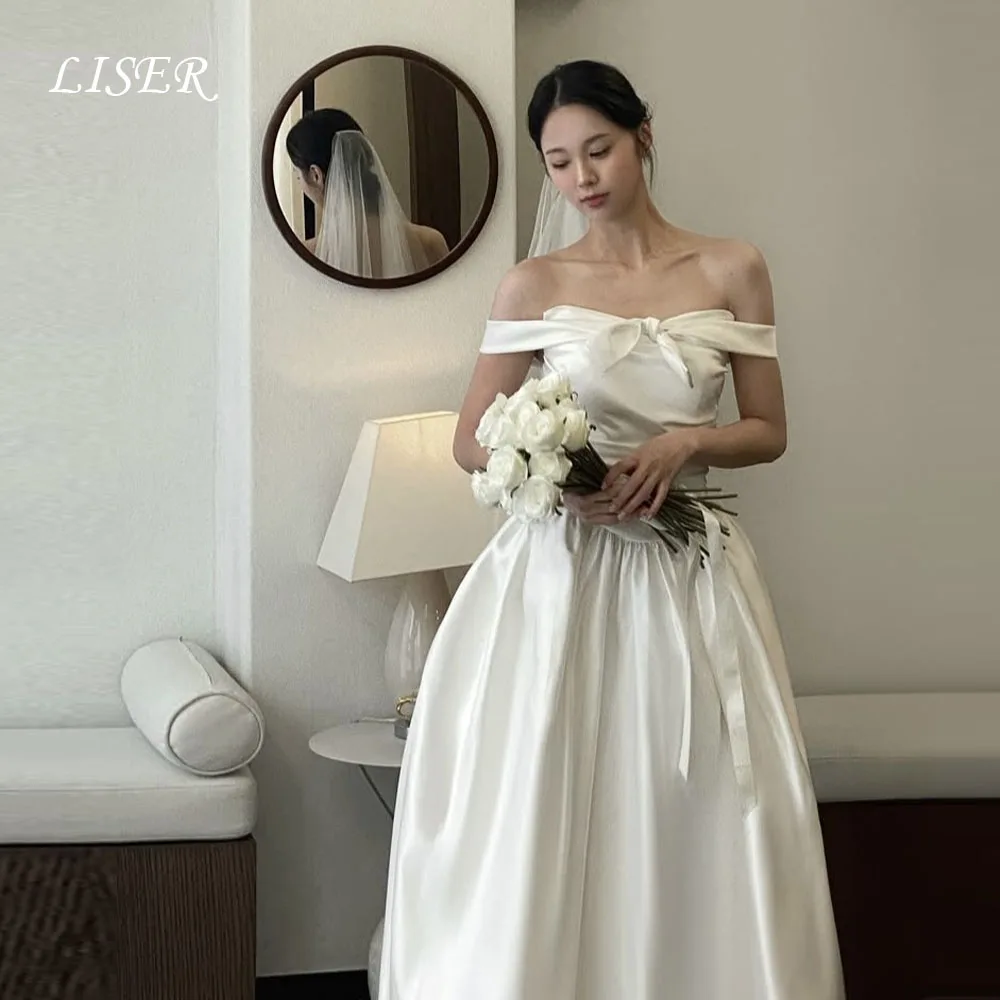 Liser Off Shoulder Bowknot A-Line Korea Wedding Dresses Silk Satin Photo Shoot Elegant Bridal Gowns 웨딩드레스 Corsets Back Customize