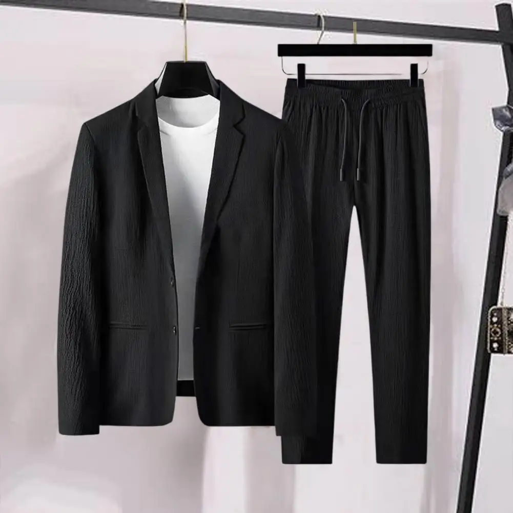 

2026 Men Casual Blazer Pants Solid Color Thin Striped Pleated Casual Suit Set Spring Pleated Jacket Elastic Waist Trousers Suit