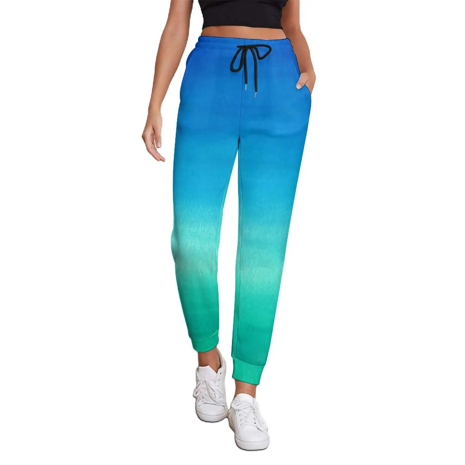 

Blue Green Ombre Baggy Pants Spring Watercolor Neon Ocean Casual Joggers Womens Street Style Print Trousers Big Size 3XL