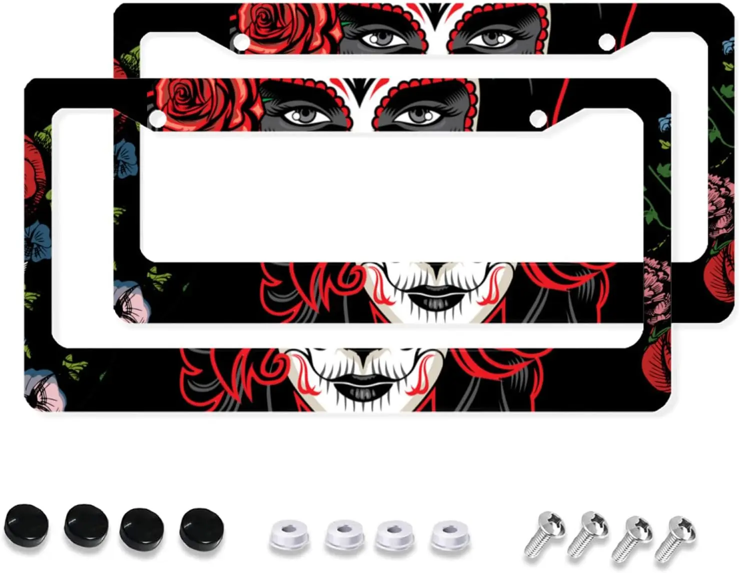 

Забавная рама для номерного знака с рисунком черепа розы, 2 упаковки, держатель для номерного знака с 2 отверстиями, рамка для автомобиля для женщин, мужчин, автомобилей США