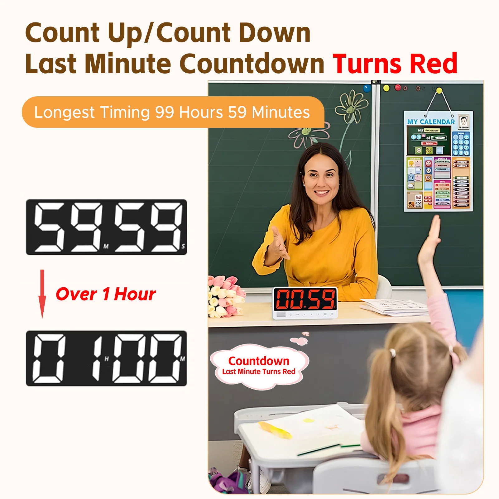 LED Timer Countdown Big Screen 99Hr 59Min 6 Alarm Volume 3 Memories Type-C Charging