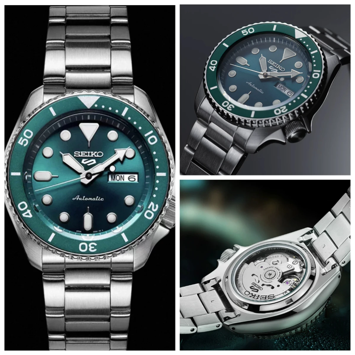 SEIKO 5 Sports SRPD61K1 Men's Automatic Watch 42.5mm Green Sunburst Rotating Bezel Stainless Steel Bracelet 100M Waterproof