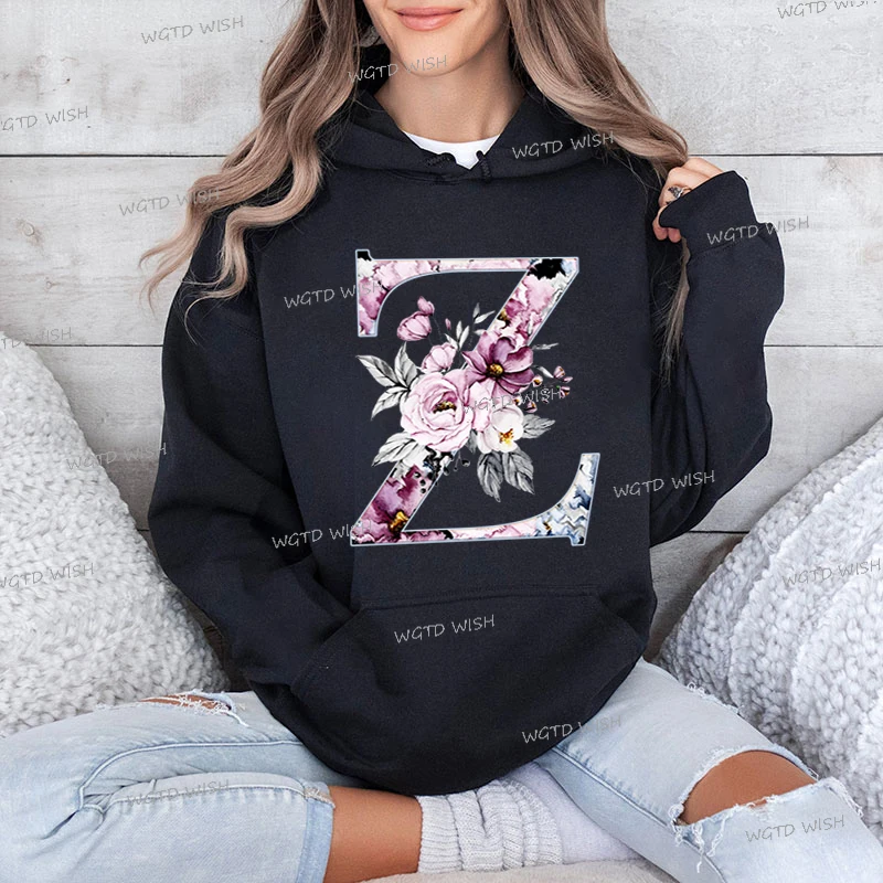 Aesthetic Vintage Rose Letter Women's Hoodies Fashion Alphabet Long Sleeve Hooded Harajuku Casual Hoody Female Floral Sweatshirt