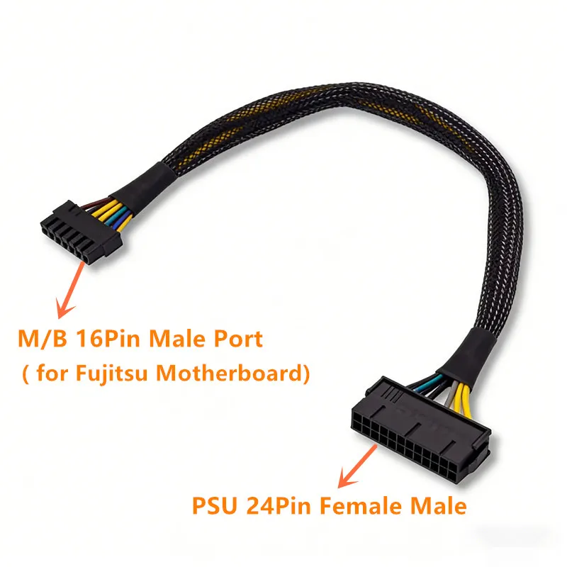 34.5CM ATX PSU 24Pin To Motherboard 16Pin Adapter Power Cable For Fujitsu Mainboard with Woven Sleeve