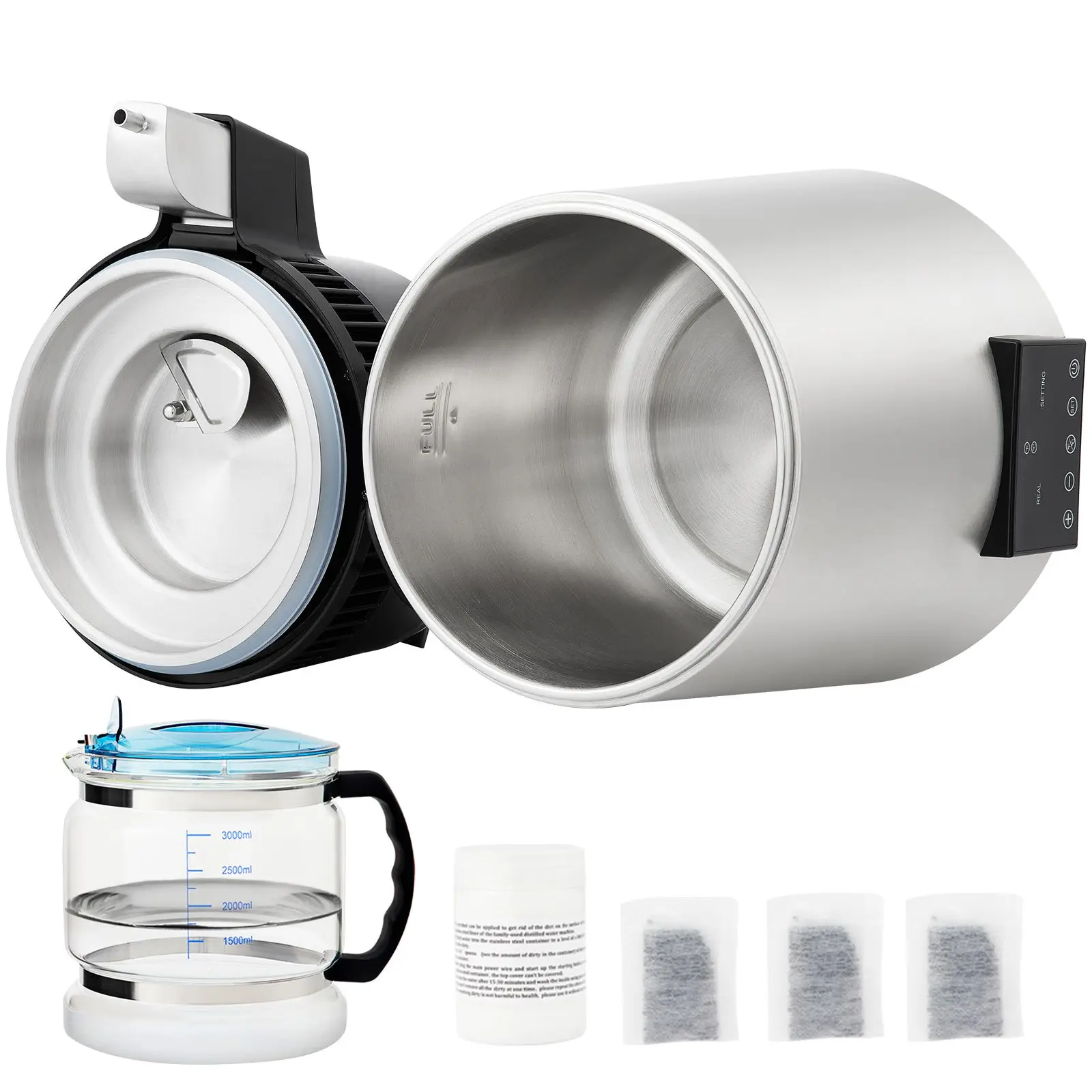 1.1Gal Water Distiller, 0.4Gal/H, Distilled Water Maker Machine 1750W 0-99H Timing Dual Temp Display, 304 Stainless Steel