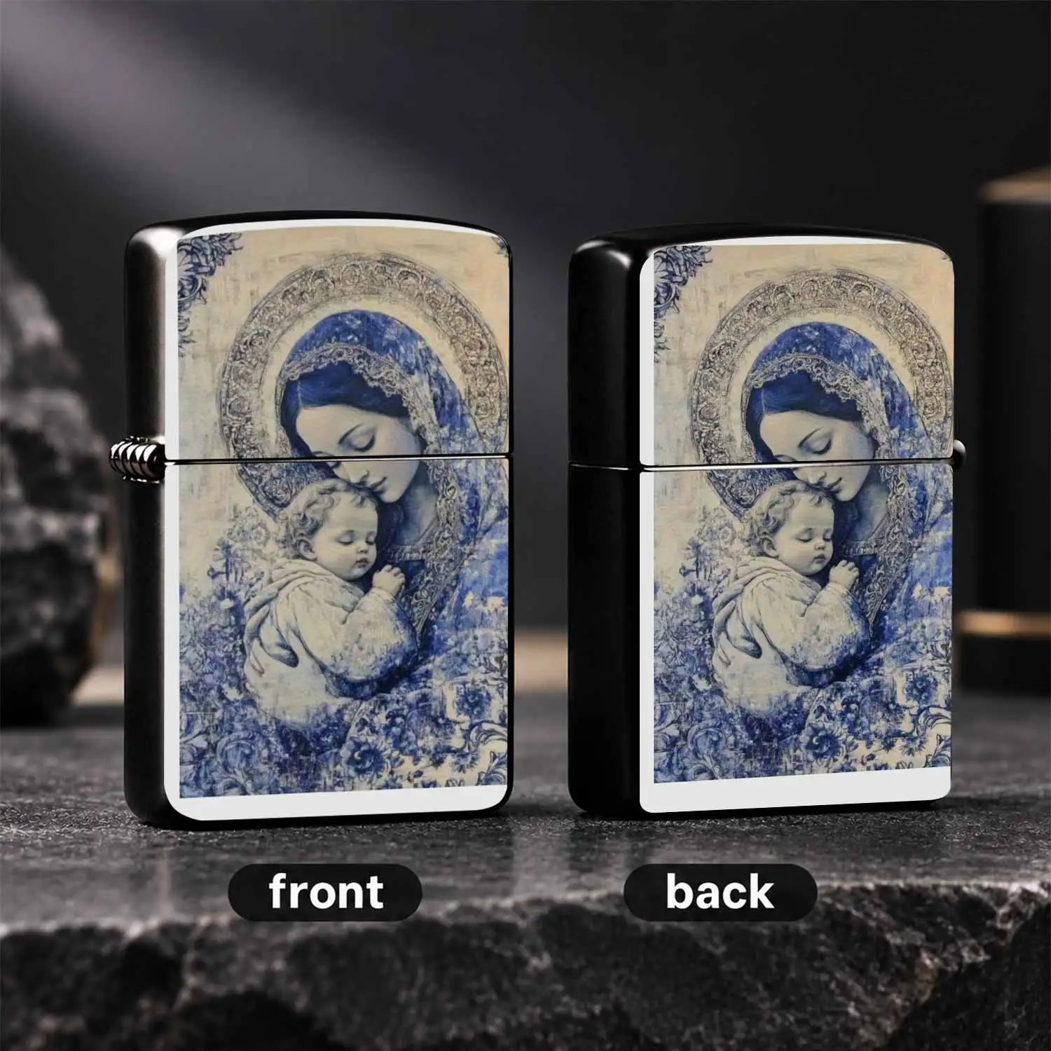 Vintage Blue Delft Style Madonna And Child Windproof, Exquisite Art Textured Body, Collectible Religious Themed Portable, Ideal For Daily Use Gifting Desktop Display, Durable Retro Art Present For Devotees Art Lovers A Fun And Humorous Ligh