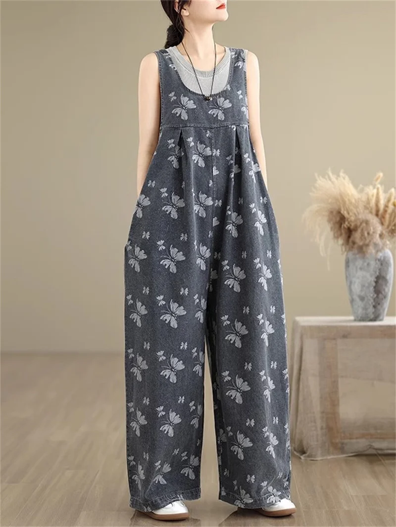 

Женский джинсовый комбинезон, лето 2025 года, свободный комбинезон с принтом в стиле ретро, на бретелях и стильные джинсовые брюки с цветочным принтом G804