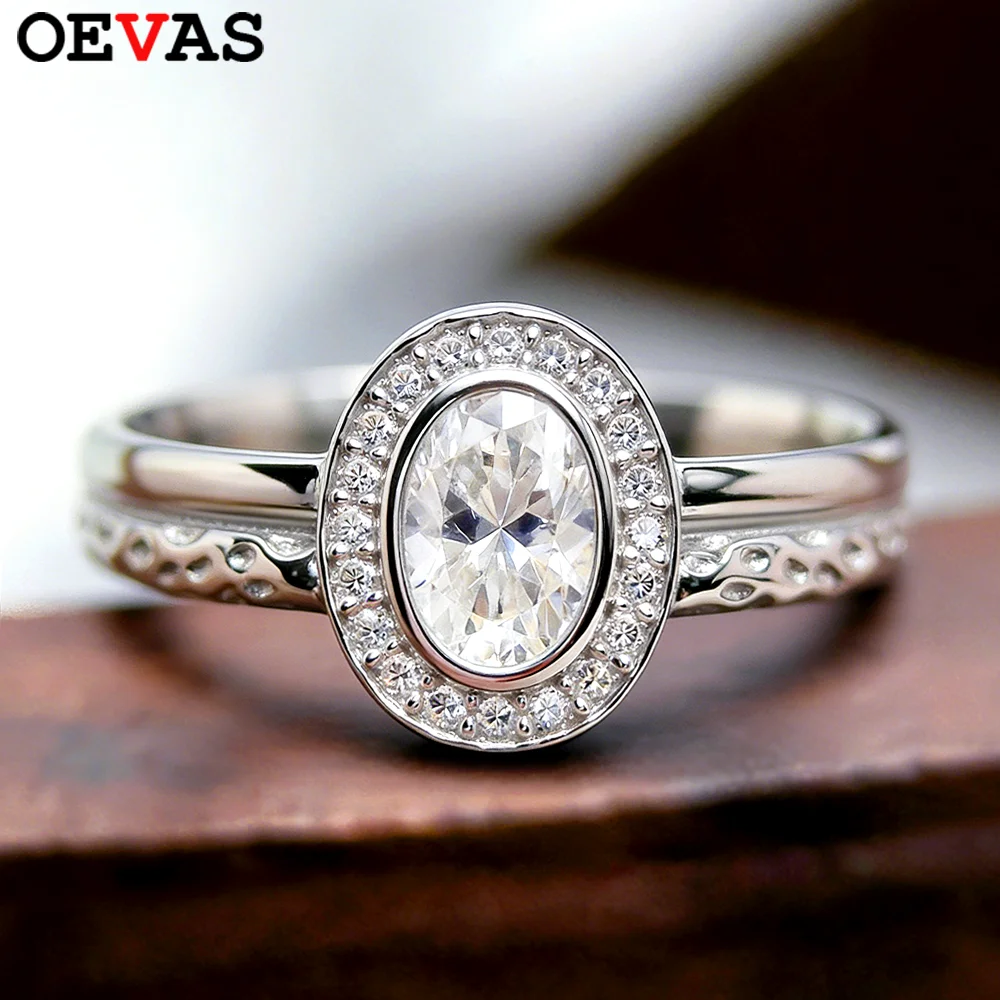 

OEVAS Oval Cut Full Moissanite Rings For Women S925 Sterling Silver Bezel Lab Diamond Halo Wedding Band Fine Jewelry Gifts