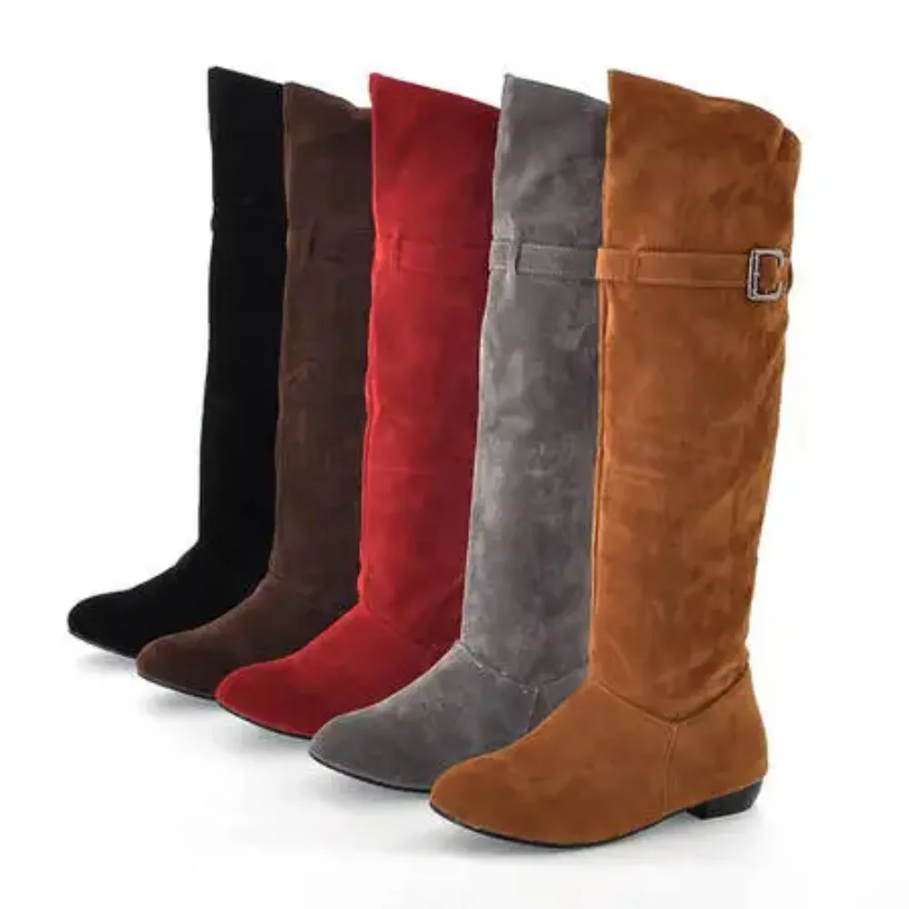 Botas Mujer Style Knee High Boots Women Round Toe Flat Heel Fahsion Belt Buckle Femme Black Yellow Brown Long Boots 822