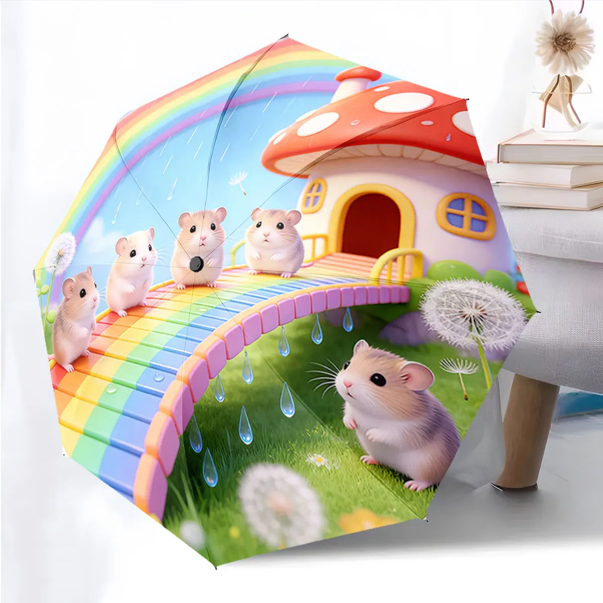 1PC Hamsters on a Rainbow Path Umbrella Print 8 Iron Ribs Folding Umbrella Auto-Open Fashion Sunshade
