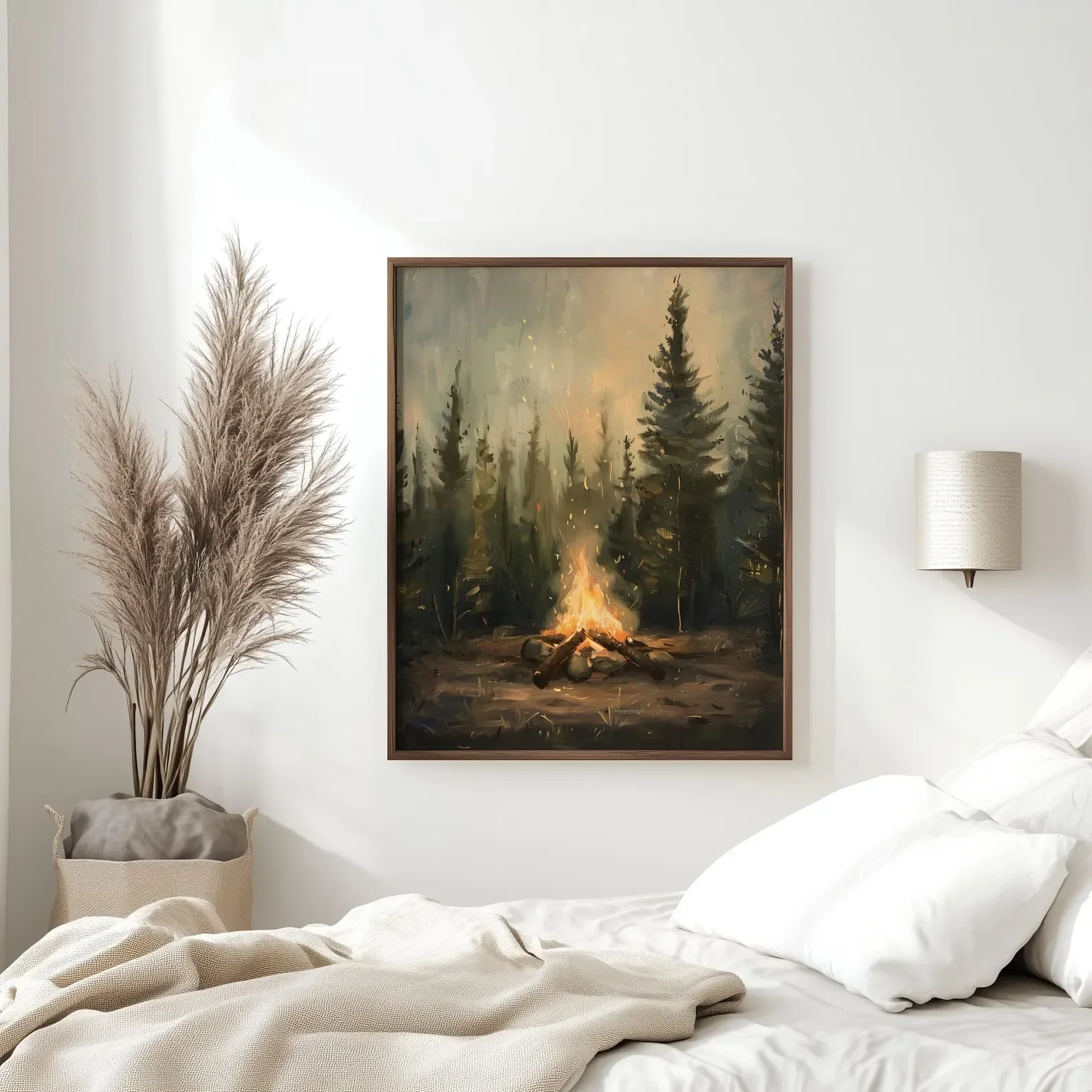Rustic Campfire Oil Painting Canvas Wall Print, Modern Art Illustration, High‑Grade Home Decoration Artwork for Bedroom, Living
