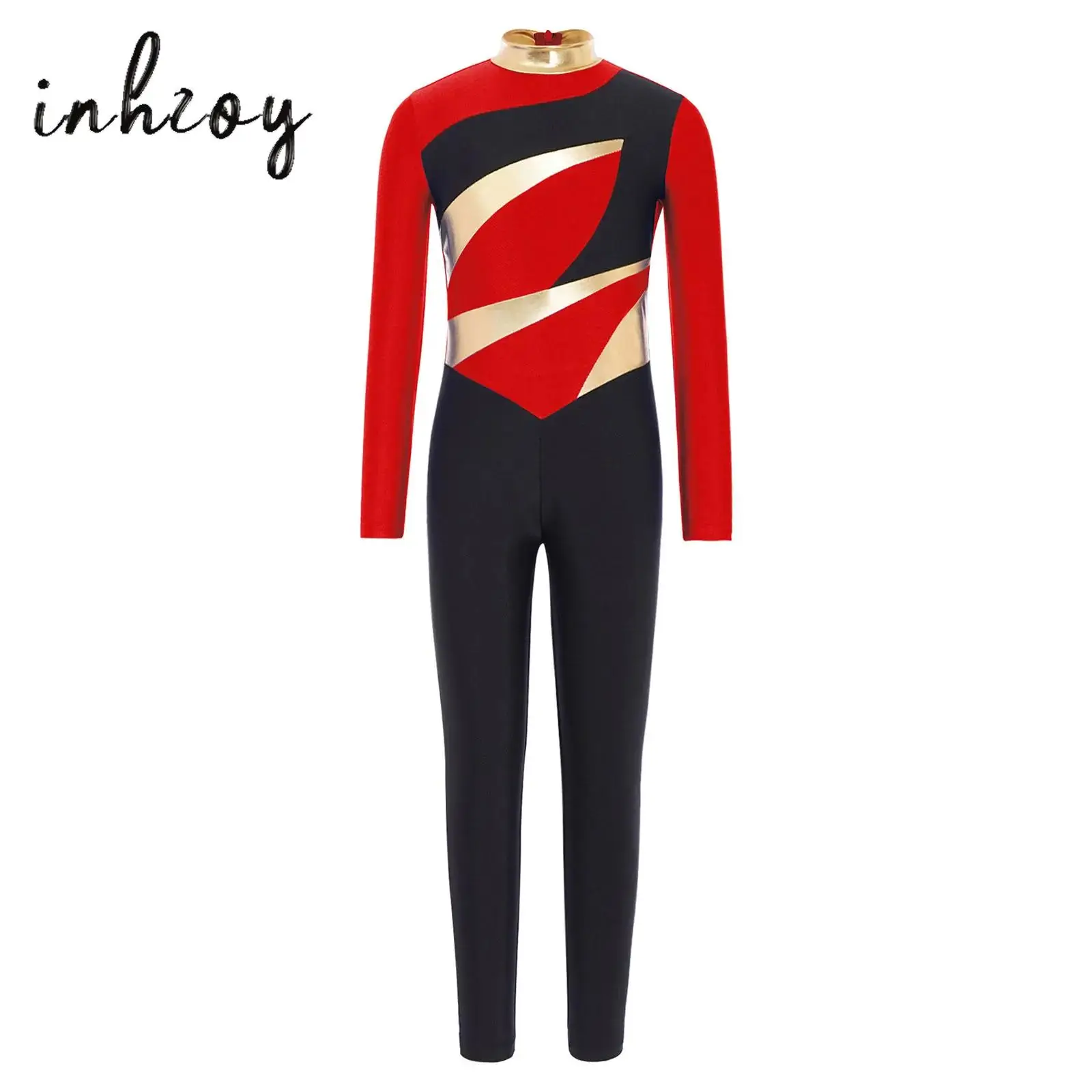 

Boys Gymnastics Jumpsuit Metallic Color Block Mock Neck Long Sleeve Bodysuit for Dance Figure Skating Performance Competition