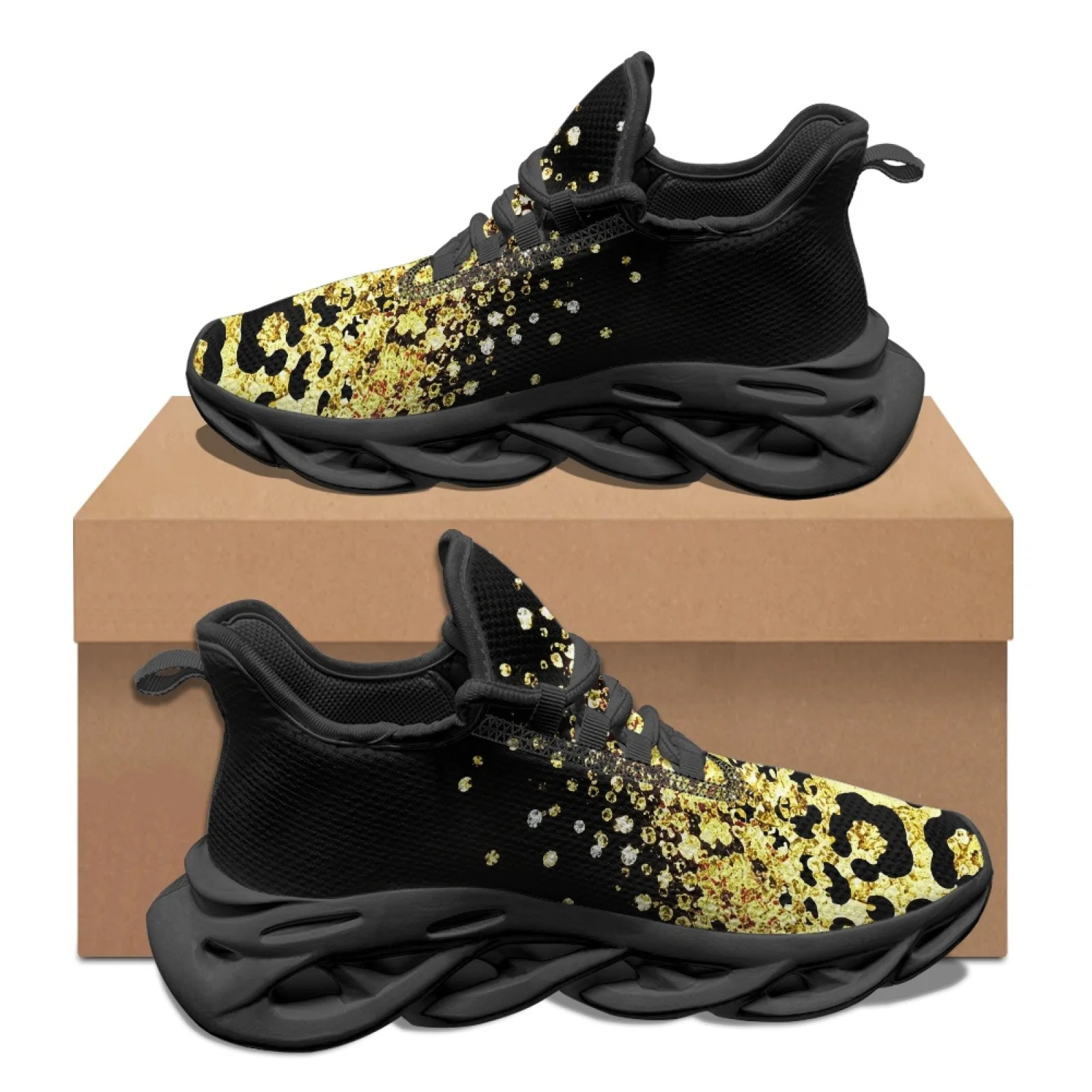PENSTROLL Gold Leopard Print Men's Running Shoes, Blade Running Sneaker Mesh & EVA Slip-On for Walking and Daily Sport