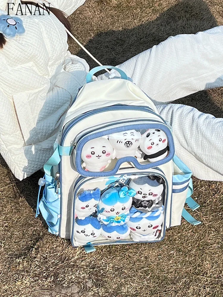 Harajuku Streetwear Casual Backpack with Double Girls Backpacks Clear Window for Anime Badge Display School Bag