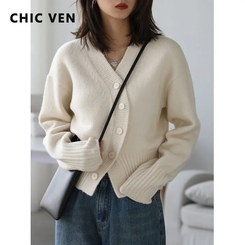 CHIC VEN Women\'s Cardigan V Neck Irregular Solid Short Knitted Sweaters for Women Female Tops Woman Clothing Autumn Winter 2022