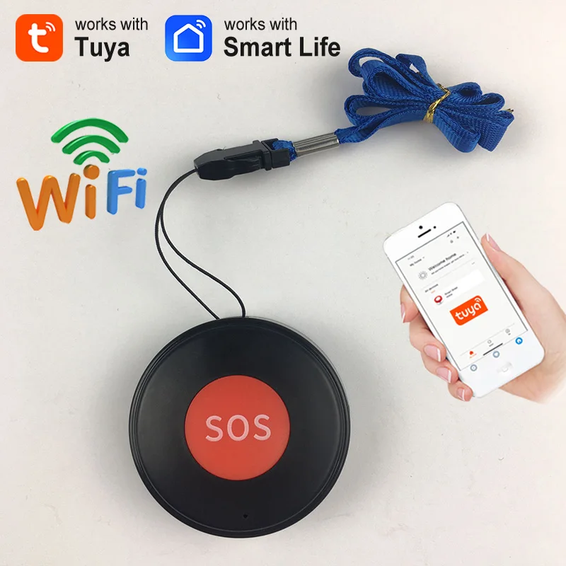 Tuya WiFi SOS Emergency Button with Smart Life APP Notifications One Key Alert Wall Sticky /Neck Strap Design for Elderly & Kids