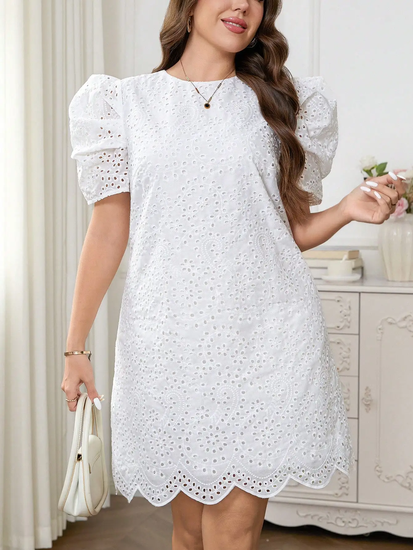 White Women's Eyelet Embroidery Midi Dress Hollow-out Boho Flowy Ruffle Dress Casual Short Sleeve Summer Beach Dress Loose Dress