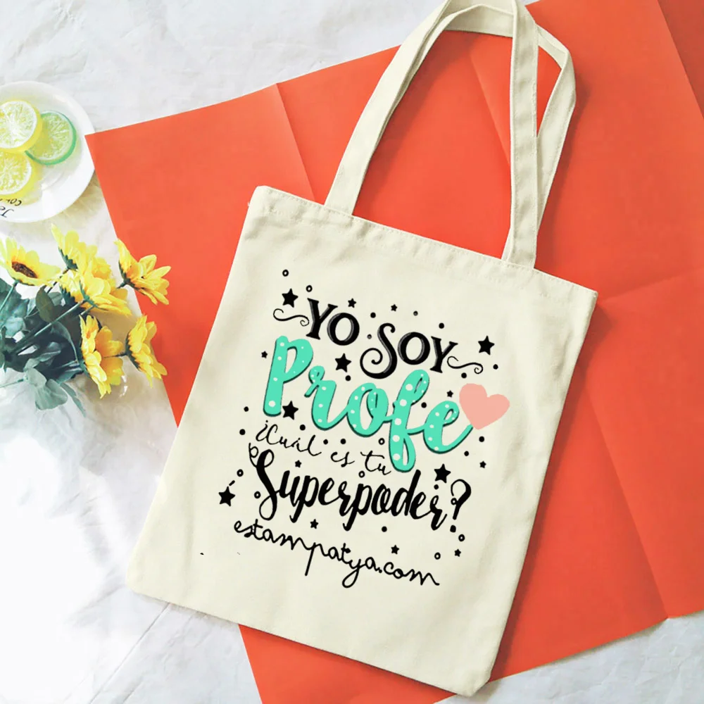 Spanish Printed Women Shopping Totes Bags White Teacher Life Bags Eco Reusable Fashion Canvas Shoulder Book Bag Gift for Teacher