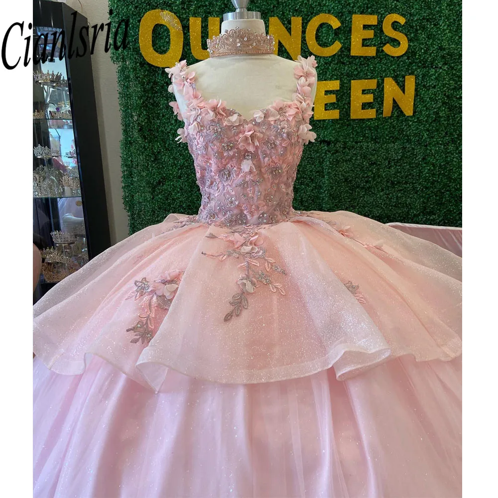 Розовое бальное платье Quinceanera с открытыми плечами Пышное милое платье 16 3D с цветами розы знаменитости искусственные платья на выпускной