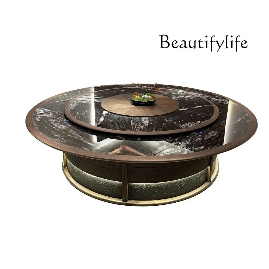 

Hotel electric large round table New Chinese hotel solid wood box turntable rock slab dining table