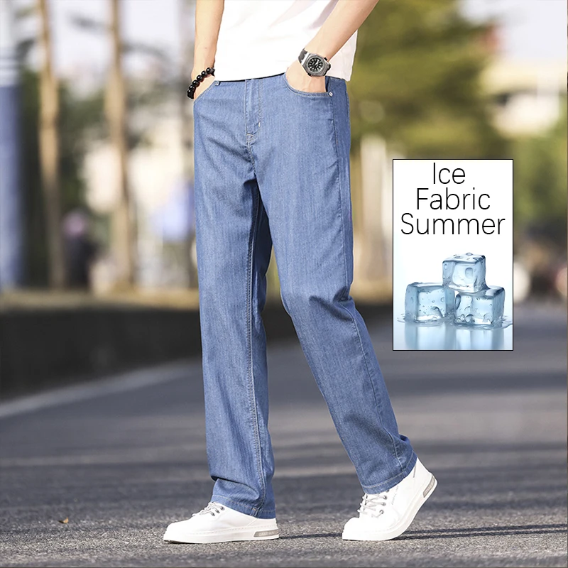 

Летние тонкие мужские эластичные хлопковые джинсы, модные синие удобные деловые прямые повседневные брюки, брендовая мужская одежда, брюки, джинсы
