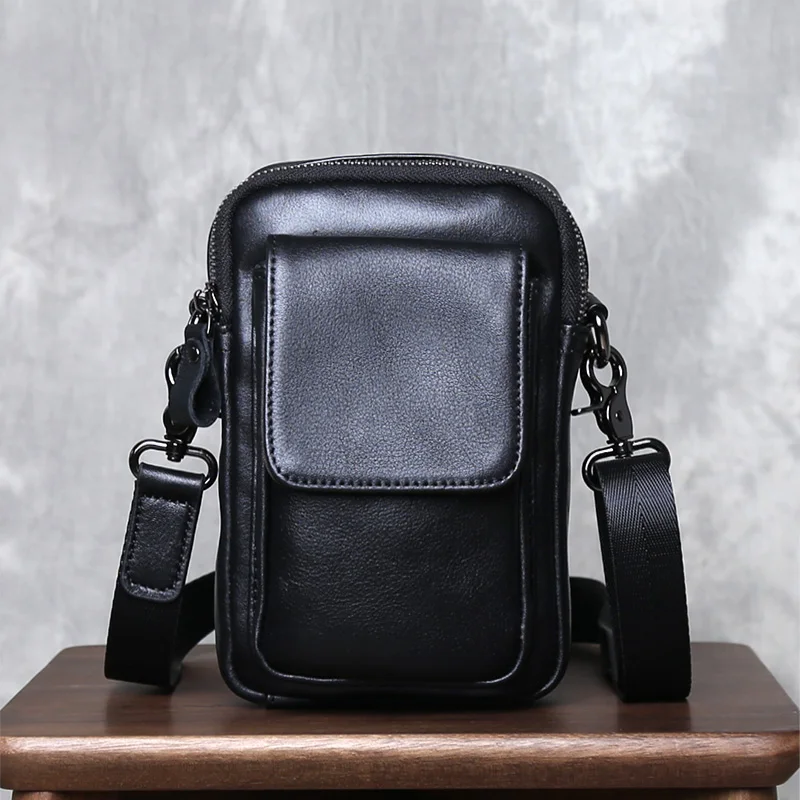 Mens Leather Small Shoulder Bag Casual And Fashionable Simple Top Layer Cowhide Mini Shoulder Bag Crossbody Bag summer Phone Bag