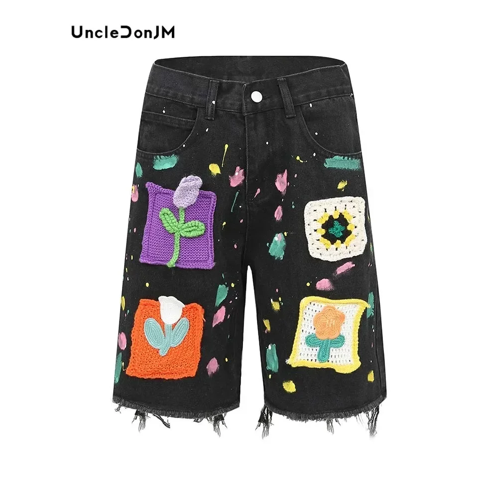 Graffiti Denim Shorts Pathches Flower Jorts Men Vibe Style Baggy Jorts Streetwear Y2k Jeans for Men