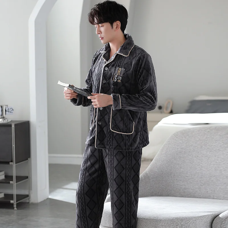 Flannel Pajama Sets Men Winter Men\'s Pajamas Thick Warm Lounge Set Fashion Letter Embroidery Male Pijama Casual Loungewear 3XL