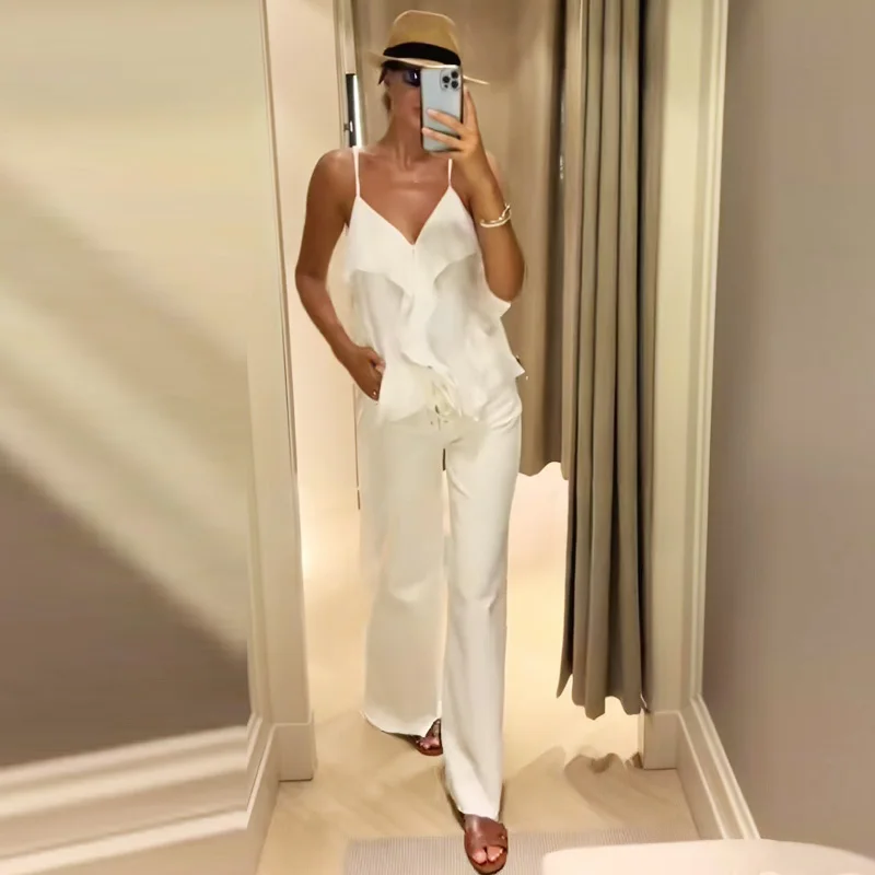 HXAO 2025 pantalons pour femmes pantalon blanc jean femmes nœud à lacets taille moyenne pantalon évasé Chic élégant Denim tenue de bureau femmes pantalon