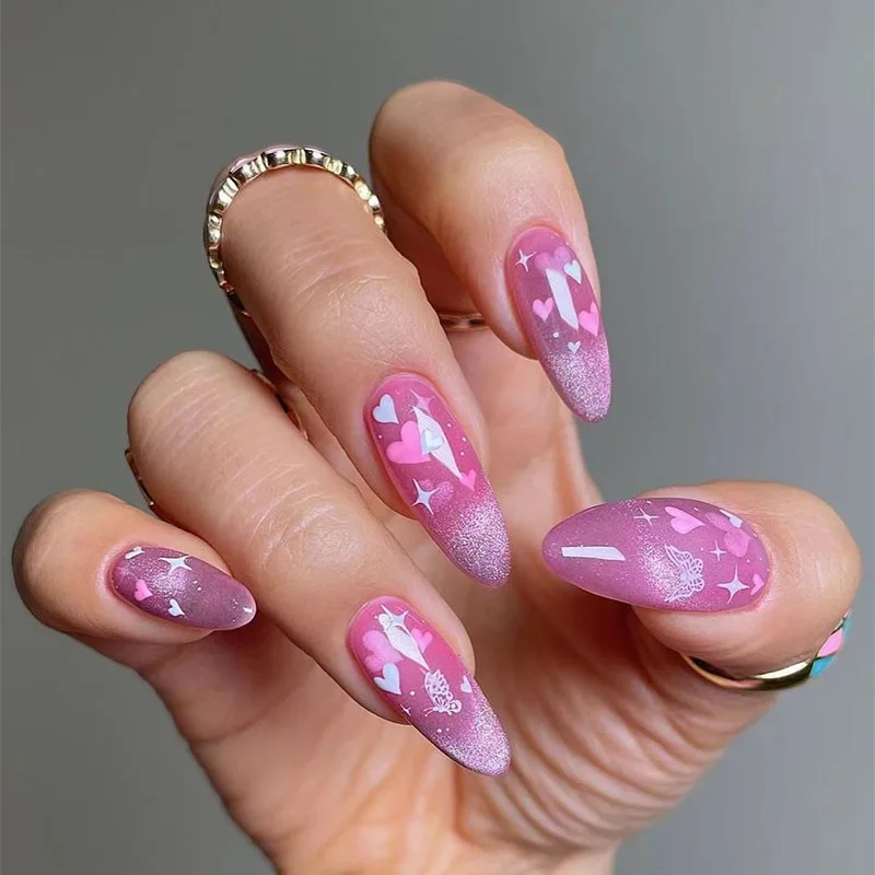 

24Pcs Long Almond Press on Nails - Pink Magnetic Cat Eye with White & Pink Hearts, Butterflies and Star Sparkles Romantic Style
