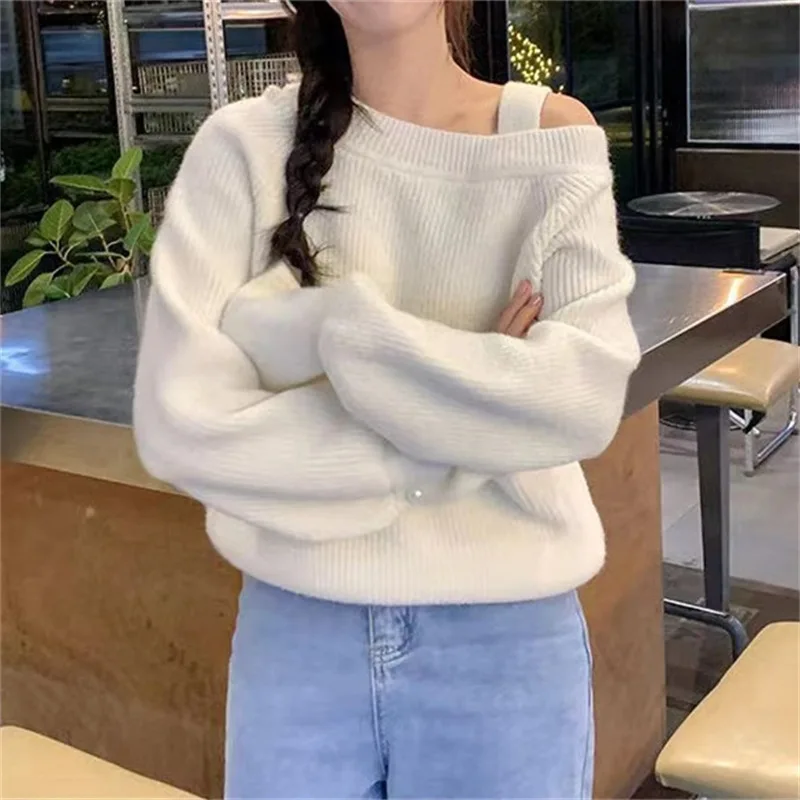 2024 Korean Autumn And Winter New Loose Off The Shoulder Base Knit Sweater Single Strap Design Sense Solid Color Lazy Style Swea