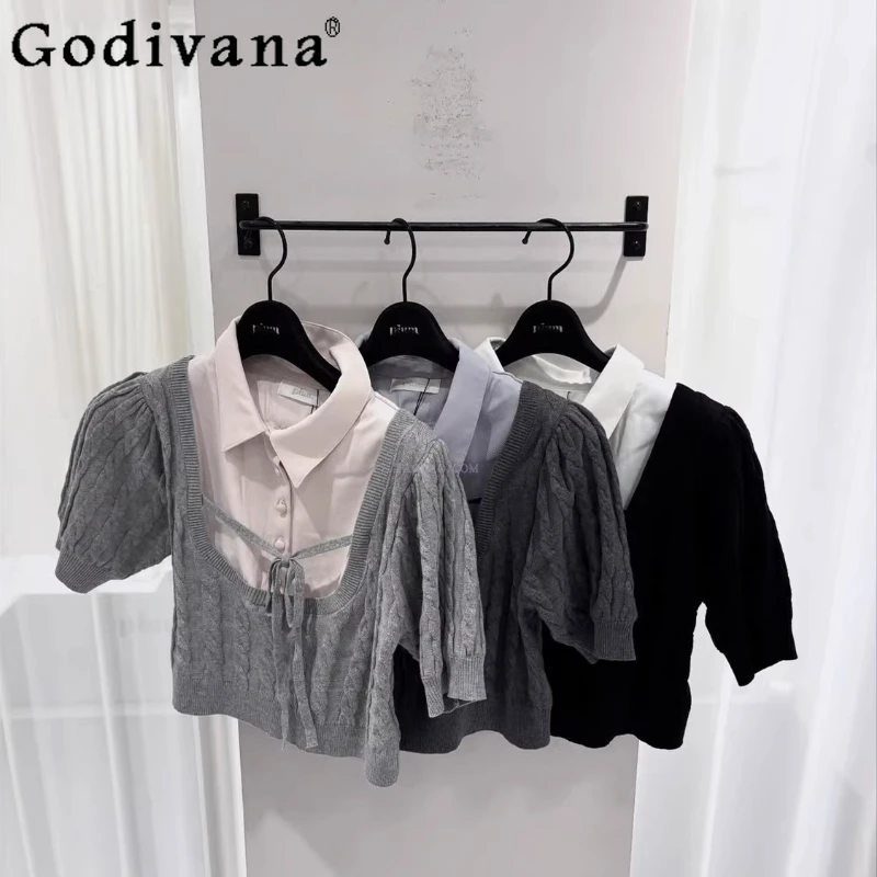 

Вязаная двухсекционная футболка в японском студенческом стиле, летняя облегающая футболка с короткими рукавами для девочек, повседневная базовая футболка для женщин