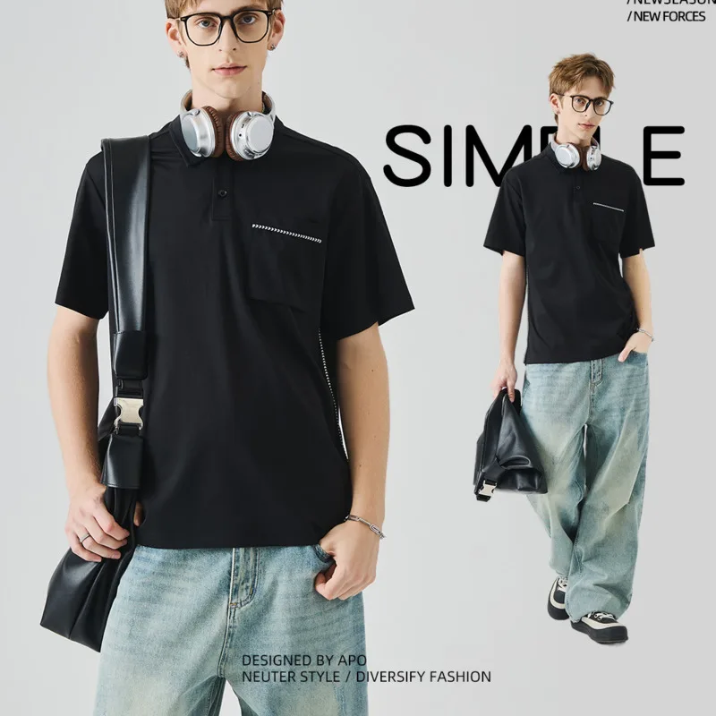 تي شيرت رجالي صيفي أنيق متعدد الاستخدامات بياقة فضفاضة وياقة فضفاضة وخفيف الوزن كاجوال الربط بأكمام قصيرة تي شيرت علوي #5