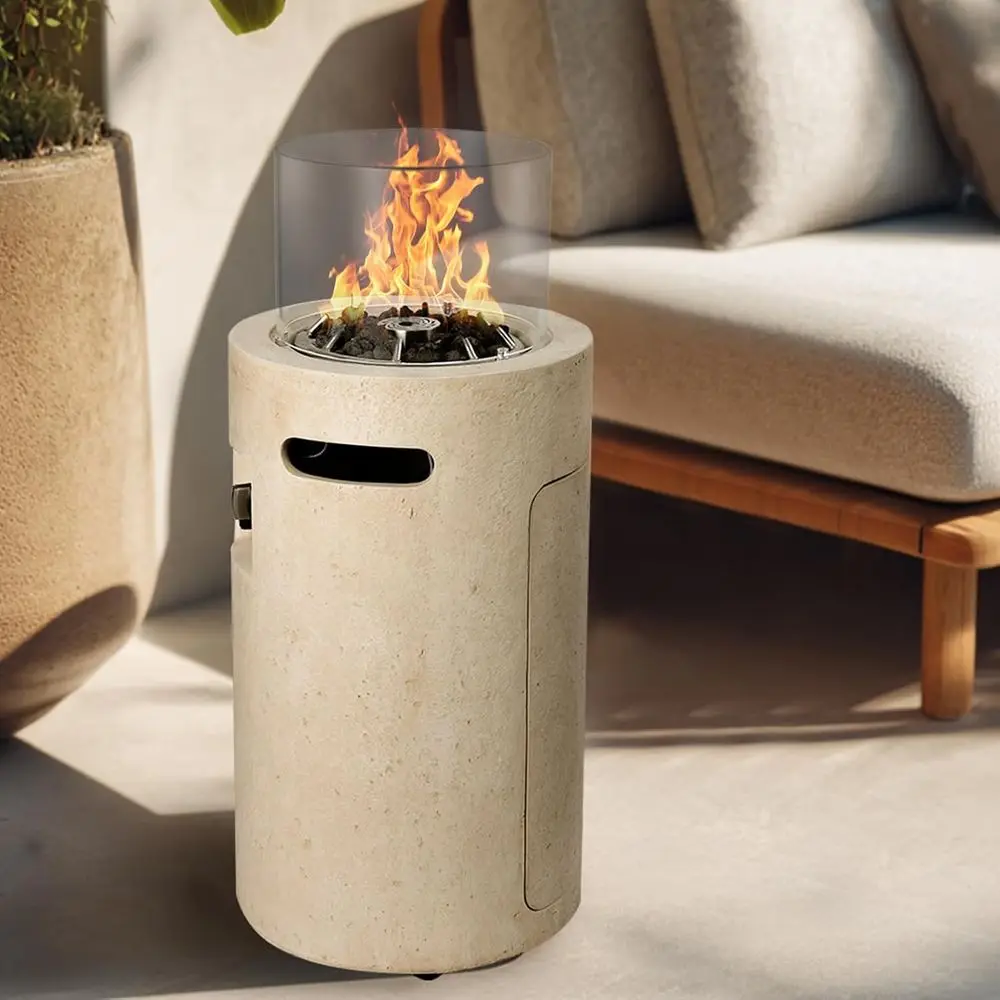 

16 inch Propane Fire Column, 50,000 BTU Outside Gas Fire Pit with Glass Wind Guard, Lava Rocks for Outside Patio, Garden, Backya
