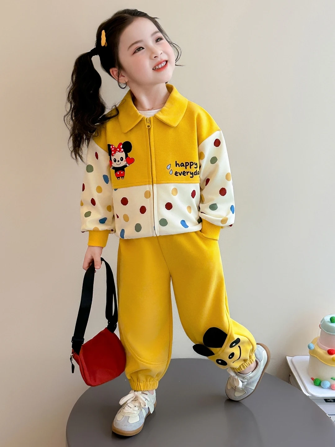 

Spring 2026 Girls' Sweet Cute Polka Dot Color Blo Cartoon Collar Open Cardigan Jaet Pants Set Breathable Long Sve Casu...