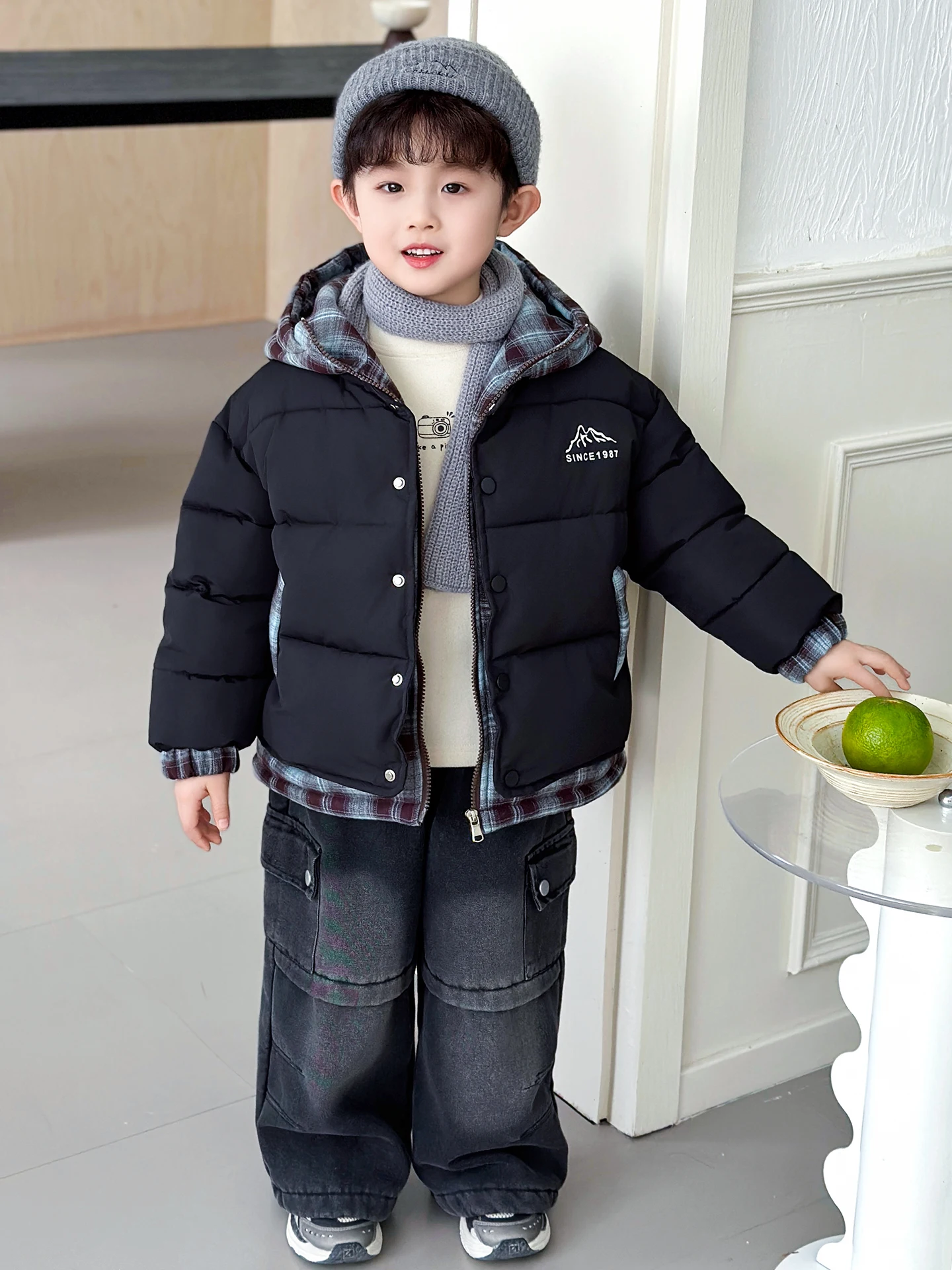 

Утепленная хлопковая куртка-обманка для мальчиков, зимняя теплая верхняя одежда, повседневная куртка с принтом для малышей, на молнии, с длинными рукавами, Cleanfit