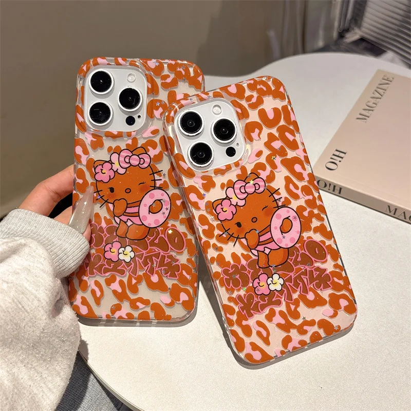 

Cute Hello Kitty leopard KT Bling Glitte Phone Case For iPhone 13 14 15 16 Pro Max Funny cartoon swim ring KT protect Cover