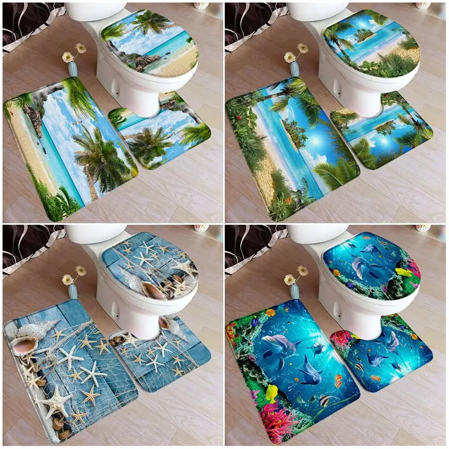 Ocean Beach Bath Mat Set Island Palm Trees Dolphin Fish Coral Nature Scenery Home Carpet Bathroom Decor Floor Rugs Toilet Cover