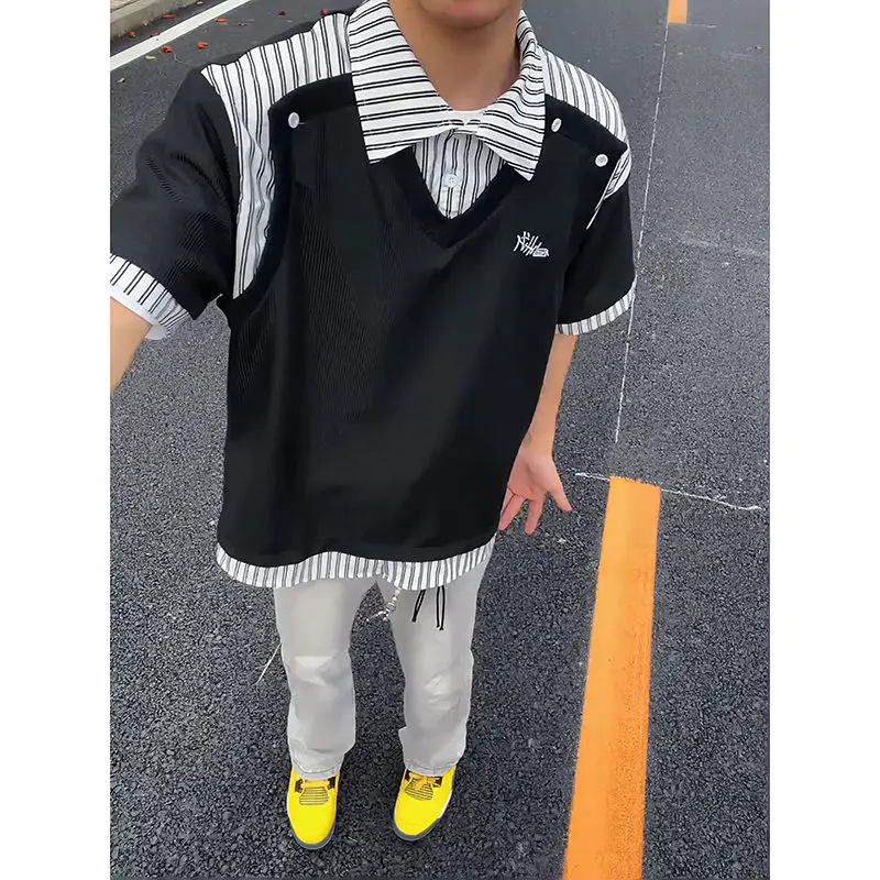 

Summer Men Short Sleeve Drawstring V Neck Sweatshirt Hollow Out Teenager Street Fashion Personality All-match 2xl Oversized Tops