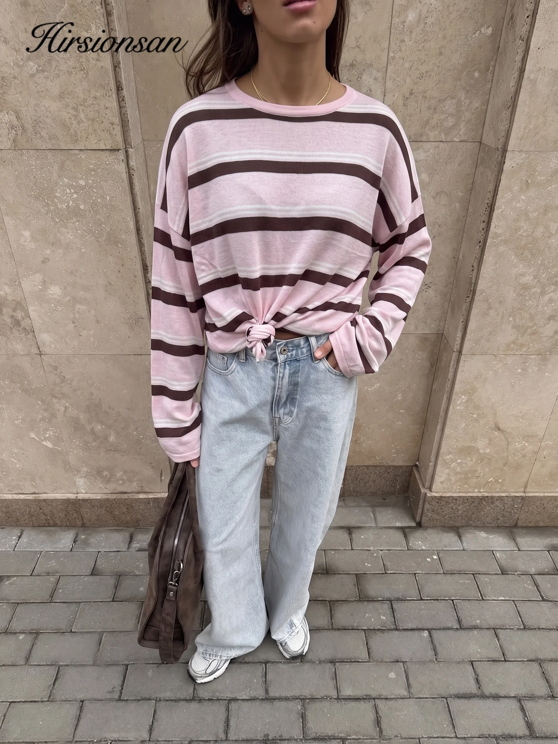 Hirsionsan 2026 Basic Stripes Knitted T Shirts Women Autumn Long Sleeves Loose Tops Ladies Casual Knitted Cotton Woman Clothing