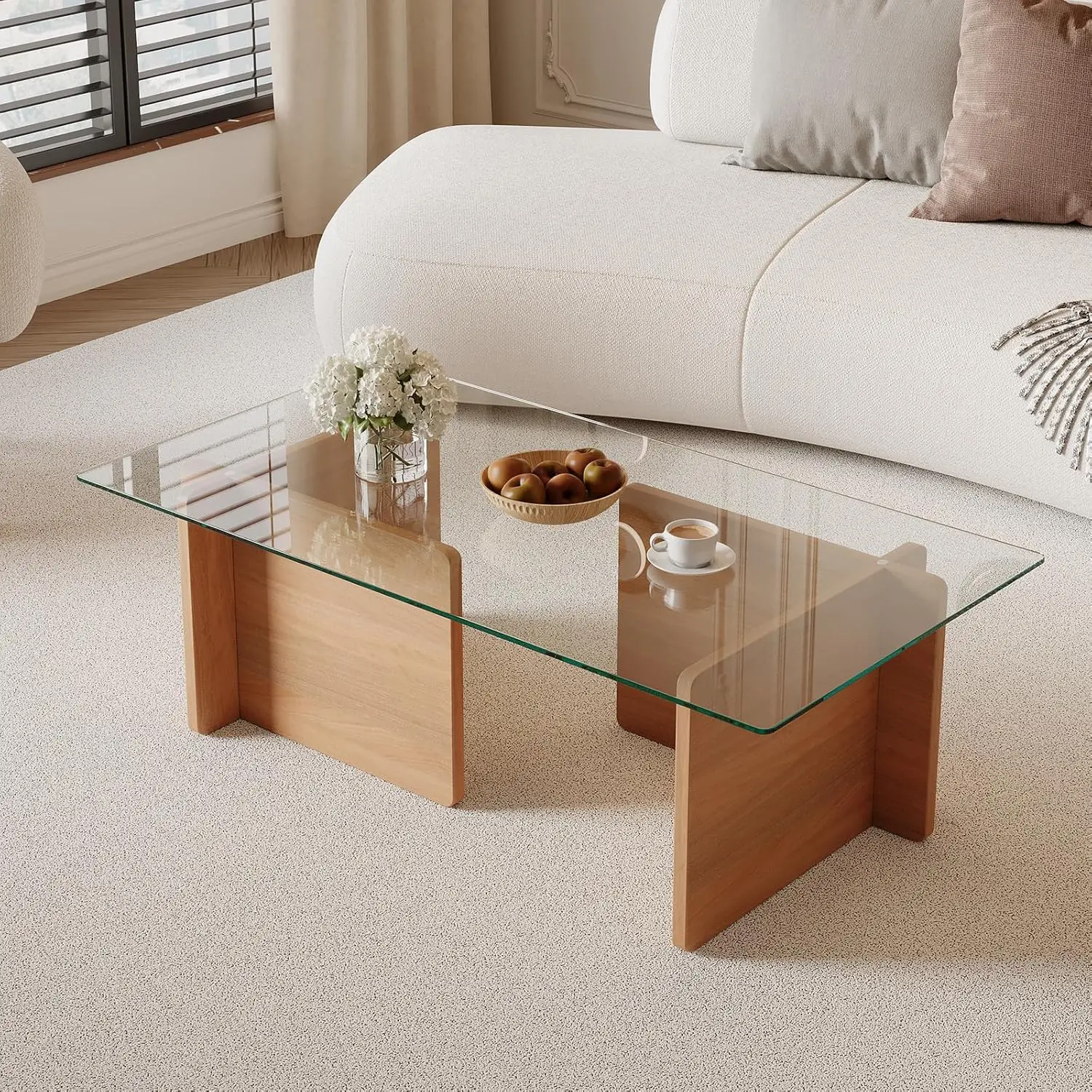 

Modern Minimalist Rectangular Glass Coffee Table - Tempered Glass Top with Artistic Geometric Wooden Base,