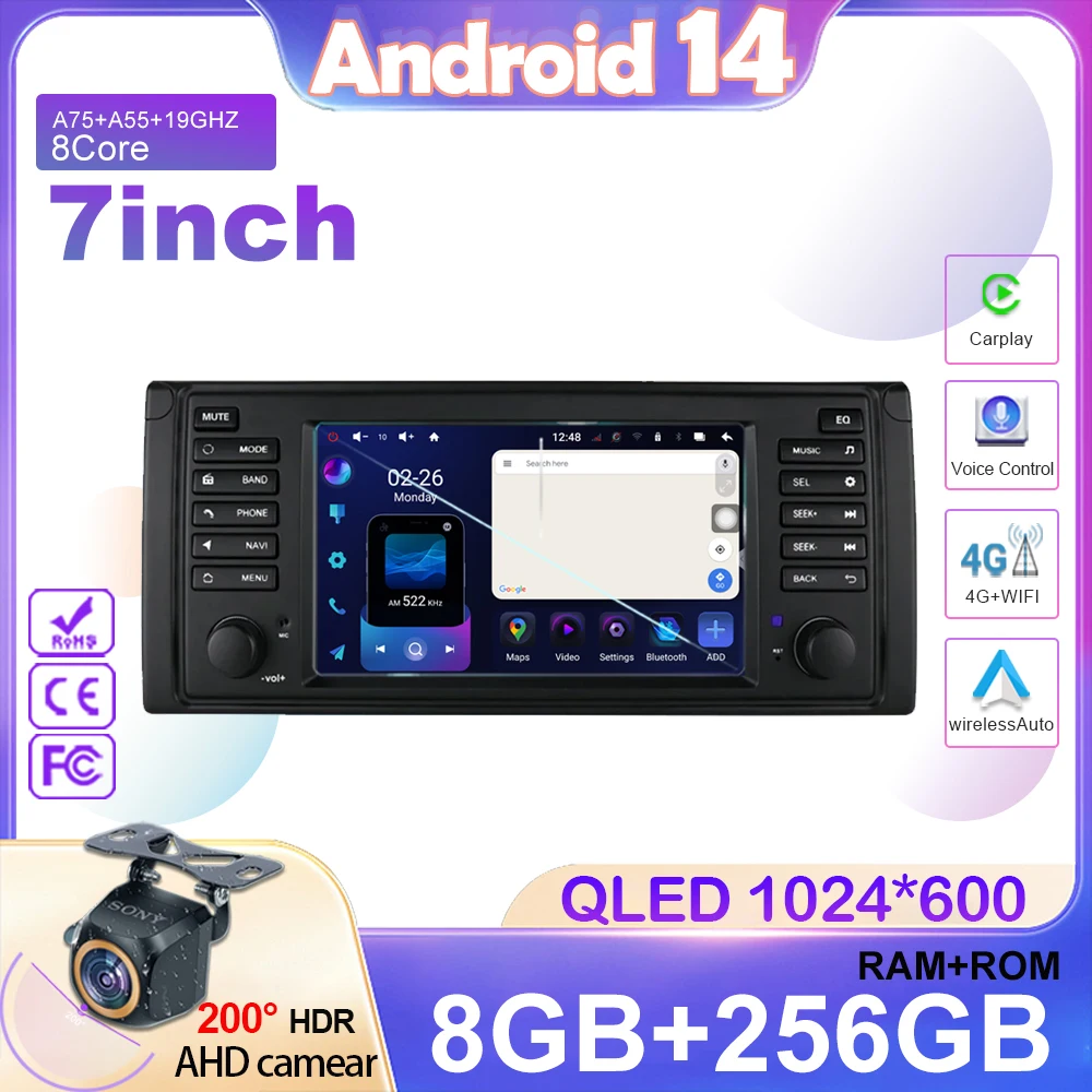 

7 Inch Auto Car Radio For BMW 5 Series E39 X5 E53 M5 1996-2003 Stereo Multimedia Player CarPlay Android 13 4G BT GPS Navigation
