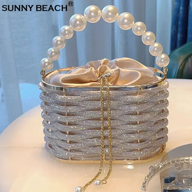 

Fashion Diamonds Beading Bling Shiny Prom Evening Purse Bucket Pearls Clutch Bag Women Luxury Party Crossbody Tote Day Bag