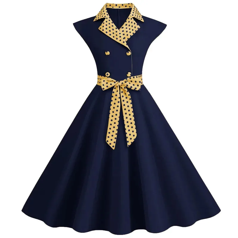 

asdh8@Notched Retro Women Summer Dress New Fashion Polka Dot Print Robe Vintage Sleeveless Office Dress Elegant Swing PinupCOSda