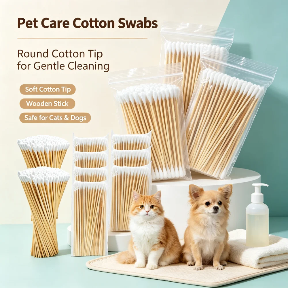 15cm Extra Long Wooden Cotton Swabs, Single Round Soft Cotton Tips Disposable Cotton Buds for Dog Cat Ear Wax Removal,100pc/pack