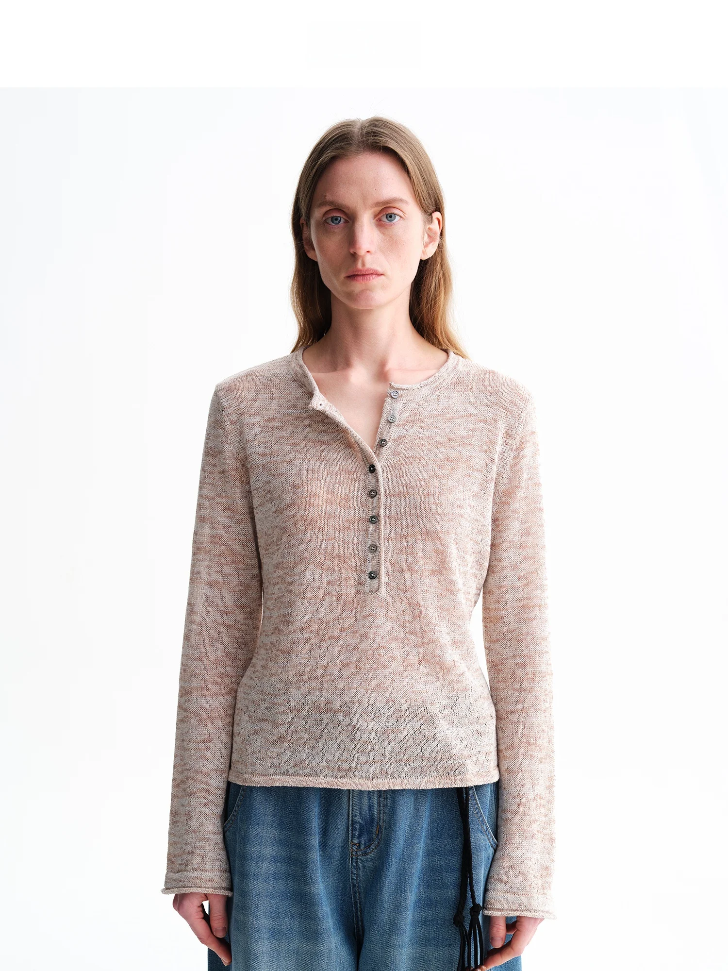 Silver Thread Texture Knitted Top Waist Cinching Button Loose Women's Pullover Soft Linen Cotton Blend Minimalist Style
